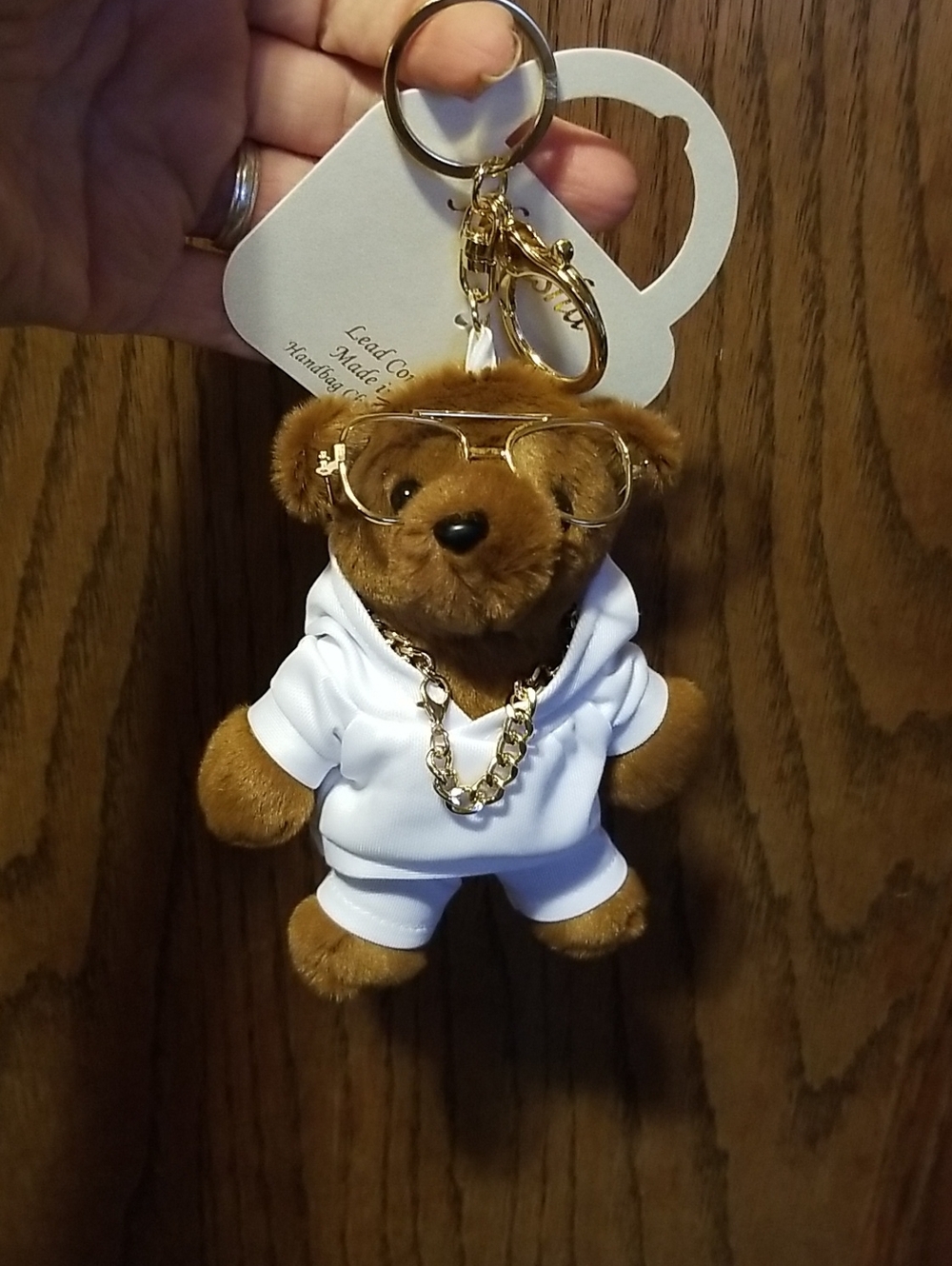 OLD SCHOOL Brown Teddy Bear Keychain with Gold Chain And Glasse and White Outfit